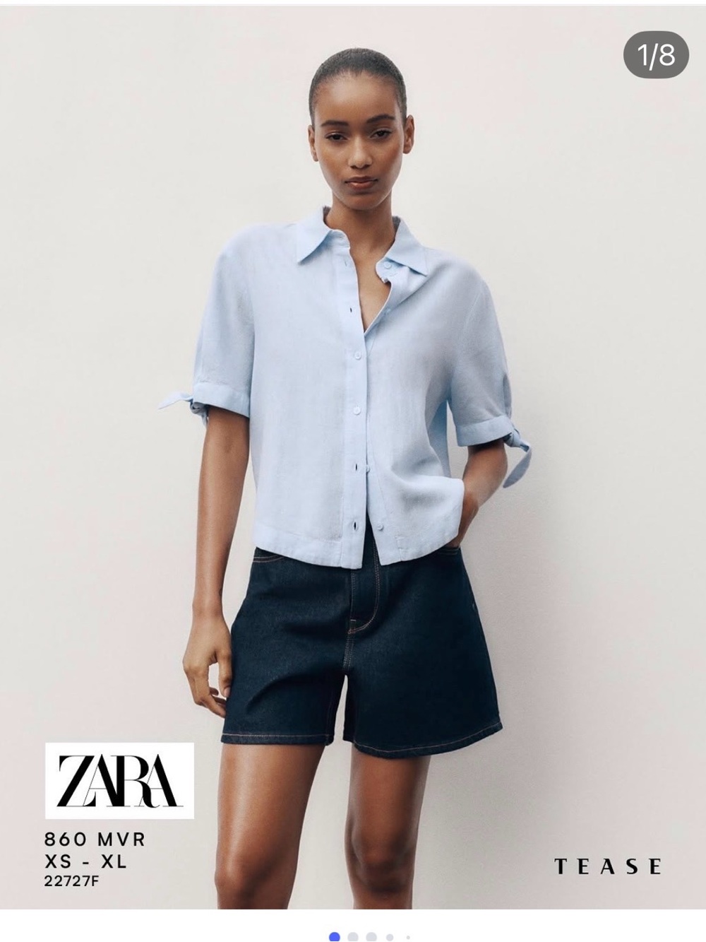 Zara Light Blue Short Sleeve Tie-Detail Button Front Shirt